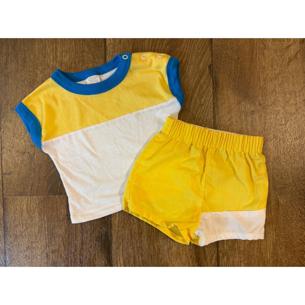 Vintage Short Set Kids 12 Months Yellow Good Colorblock Retro Snaps USA Made